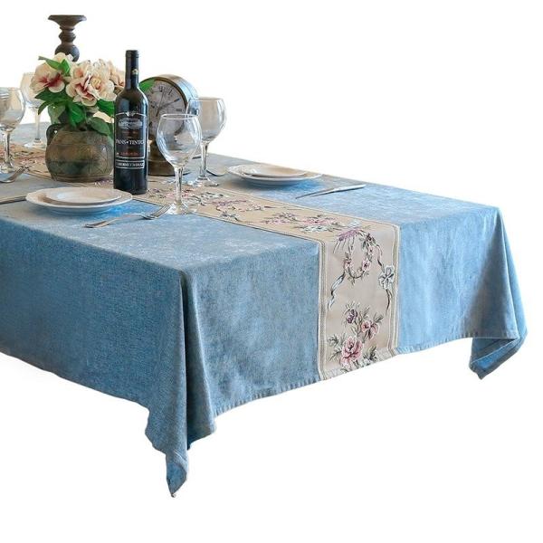 テーブルクロス テーブルランナー風のセンターライン 花柄の刺繍 エレガント ブルー (長方形A 130×180cm)