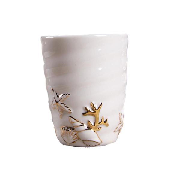 ペン立て 箸立て 花瓶 マリン風 貝殻 ホワイト×ゴールドの装飾 陶器 
