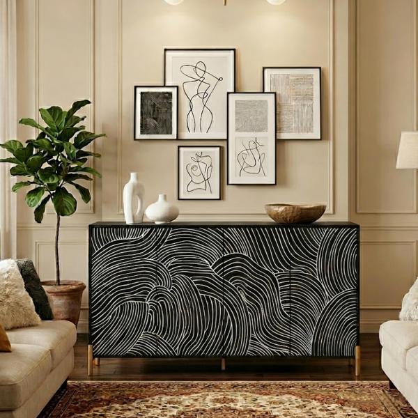 【並行輸入品】 YHFEXYT 59" Black Sideboard Buffet Cabinet, Modern Wave Mountain