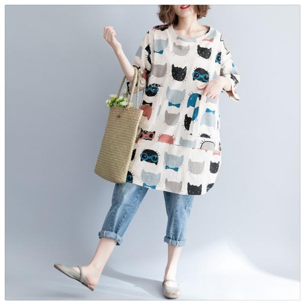 大きいサイズ レディース チュニック 猫 モグラ柄プリント 裾