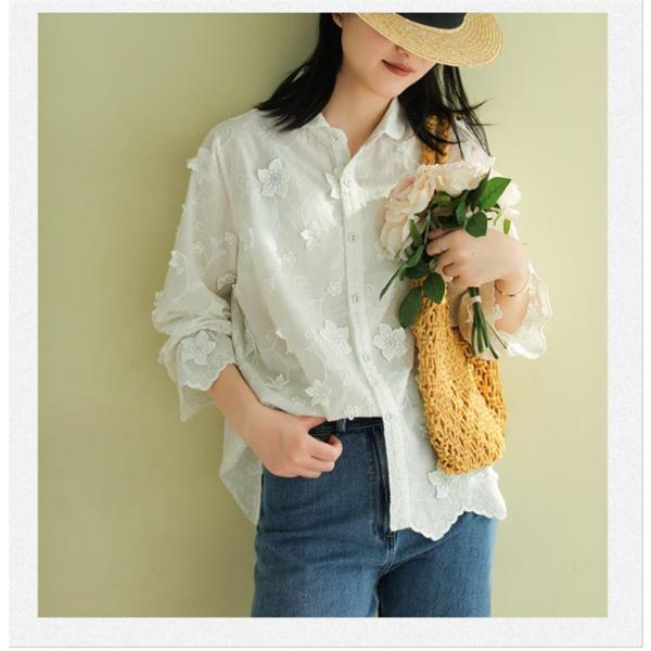 白シャツ レディース トップス ブラウス 折り襟 長袖 コットン 前開き  