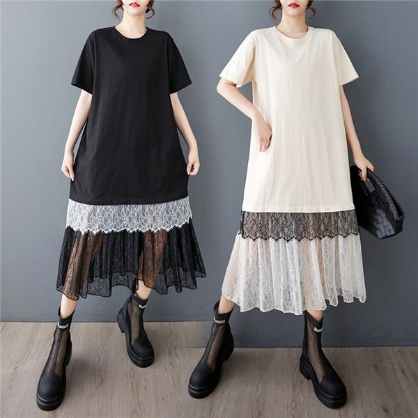 夏ワンピース レディース トップス 半袖 異素材 切り替え レース 上品で好感の持てるコーデに ほどよいゆとりがあるので動きやすい 体型カバーも叶う