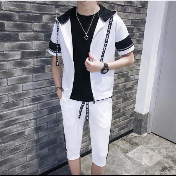 新作 夏 メンズファション スポーツセットアップ　2点セット運動服　学生パーカー　半袖パーカーセット七分丈パンツ　フード付き