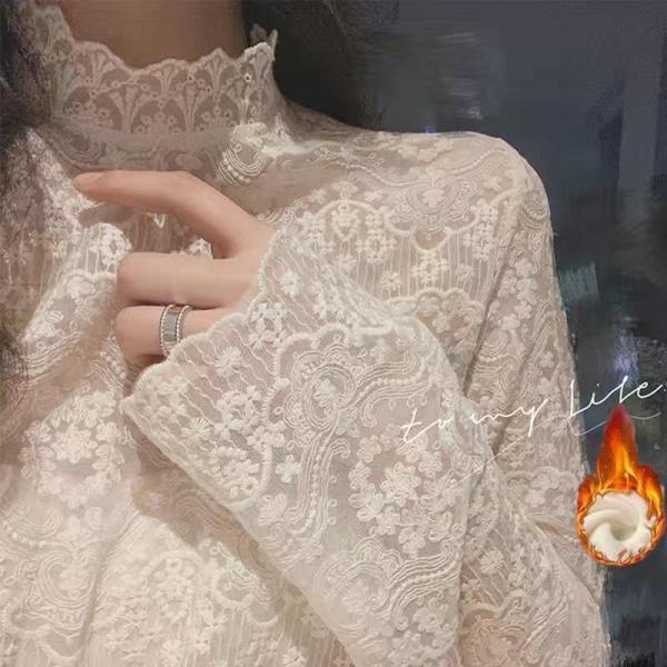 レース チュール シアートップス レディース タートルネック レースインナー シースルー ブラウス 長袖 トップス フェミニン オシャレ 春 薄手/裹起毛