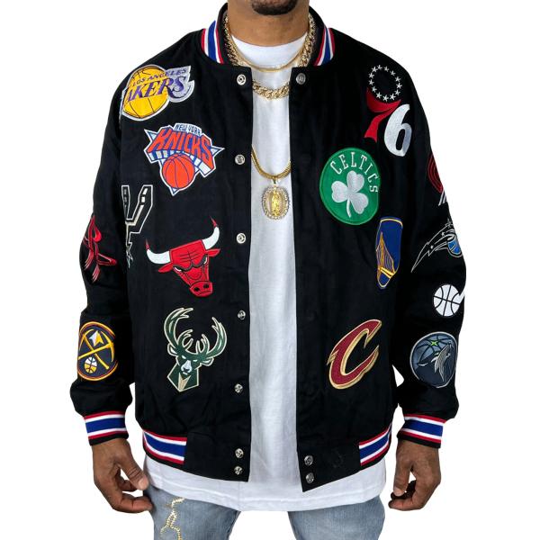 jhDesign NBA ALL OVER PATCH ツイル ジャケット バスケ ロゴ 総柄
