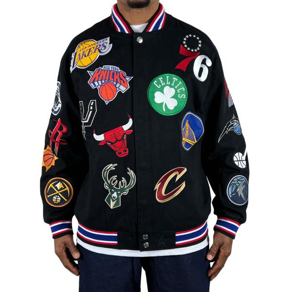 jhDesign NBA ALL OVER PATCH ツイル ジャケット バスケ ロゴ 総柄