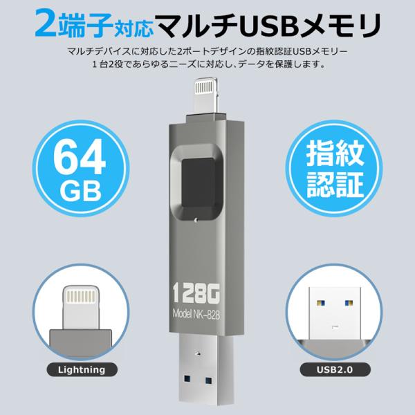 iphoneデータを指紋認証でデータ暗号化 iOS対応 指紋認証 USB 64GB フラッシュ メモリ 2ポート対応 高速