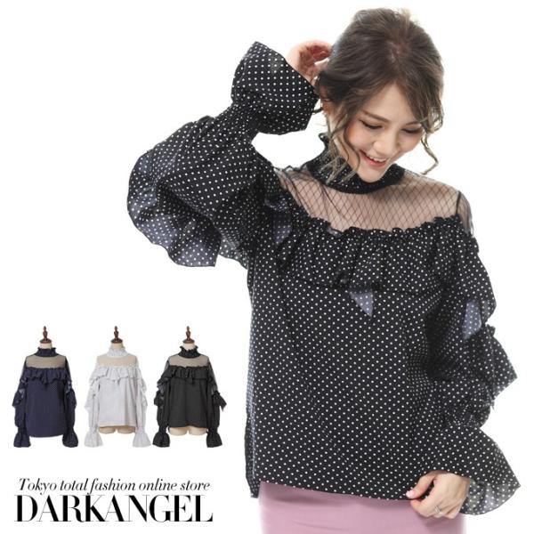 トップス ドット ブラウス アシンメトリーオフショルダードット
