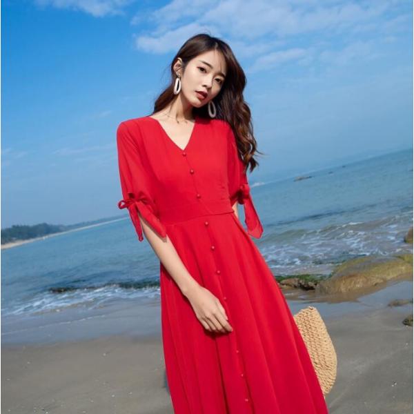 赤ワンピースレディース 無地 スリット Aラインワンピース ロングワンピース きれいめ Vネック 半袖 夏物 リゾート 通勤 お出かけ 旅行 着痩せ 代30代40代 Hanaya Dbzfs564 Next City 通販 Yahoo ショッピング