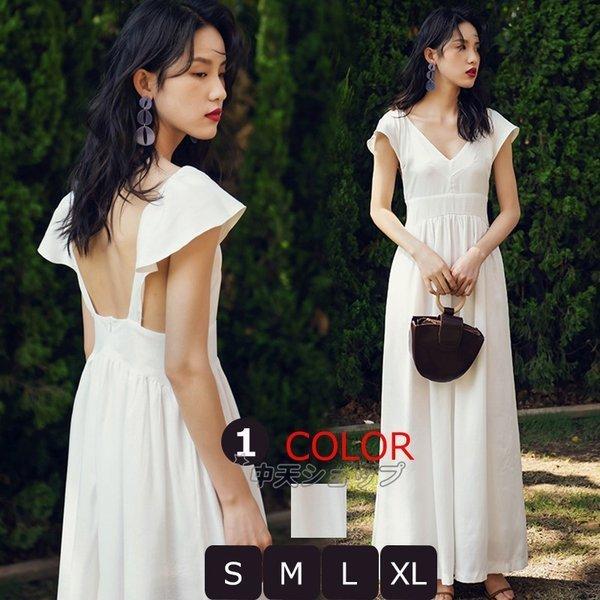 白バックレスワンピース 深いvネック 無地 マキシワンピース フレアワンピース シンプル バックレス 袖あり 夏物 リゾート 成人式 二次会 食事会 エレガント Hanaya Jbhfc846 Next City 通販 Yahoo ショッピング
