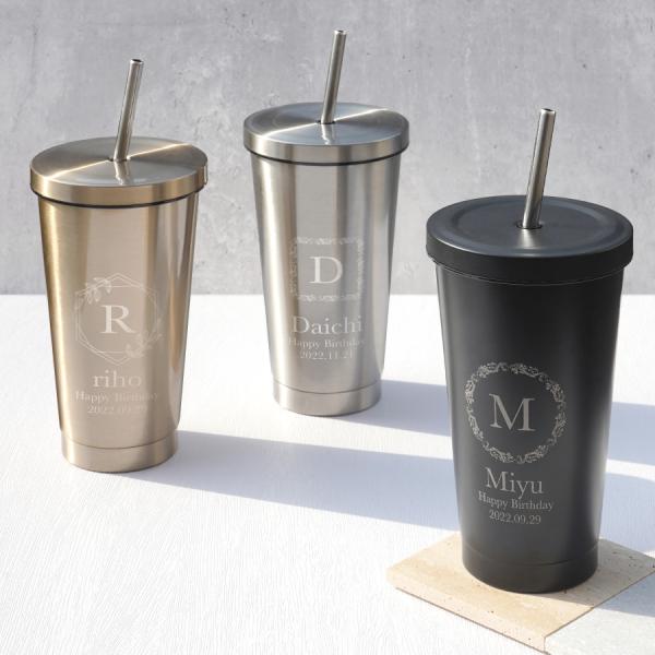 【名入れ無料】タンブラー ストロー付き カップ 名入れ 600ml 名前入り イニシャル 蓋付き こぼれない ステンレス メッセージ入れ 文字入れ コップ グラス