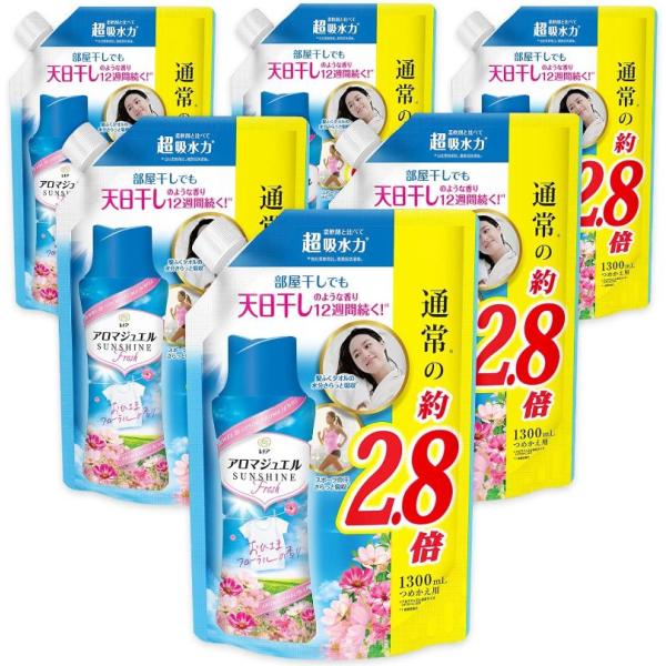 [ケース販売] レノア ハピネス アロマジュエル 香り付け専用ビーズ おひさまフローラル 詰め替え 大容量 1,300mL x6袋