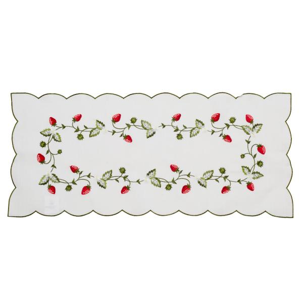 いちごの刺繍が可愛いクロス赤く可愛らしいいちごがたくさん刺繍されていて、エッジワークが優しい印象です。テーブルセンターやドイリーとして、また大切なものを守るカバーとしてお使いいただくと、大変上品で素敵なインテリアになります。詳細情報商品サイ...