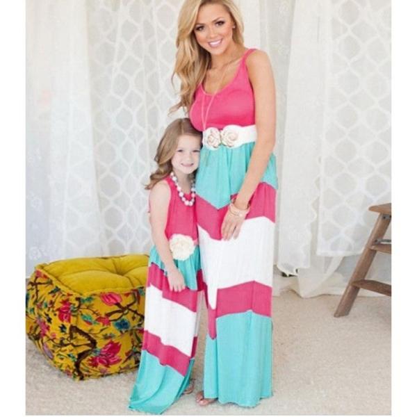 送料無料 ノースリーブワンピース マキシワンピース キッズ レディース 親子コーデ ３色切り替え リゾート ハイウエスト 日本正規代理店品 膝下 ラウンドネ マキシ丈