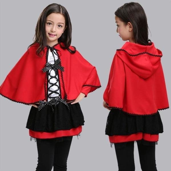 送料無料 子供用 コスプレ衣装 キッズコスプレ デビル 小悪魔 フード付きマント 赤 キッズ 女の子 ワンピース 年間定番 長袖 リボン付き ジュニア 70