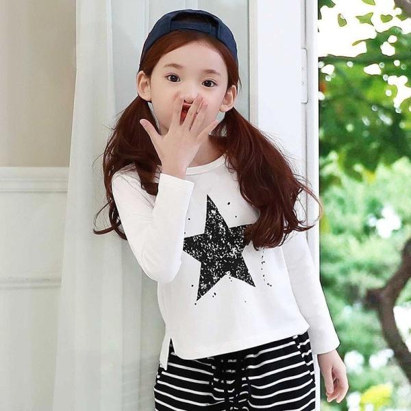 オンラインショップ 送料無料 長袖tシャツ プリントtシャツ カットソー ロンt トップス 子供服 女の子 小学生 女児 モノトーン キッズ 男の子 男児 星柄 スター