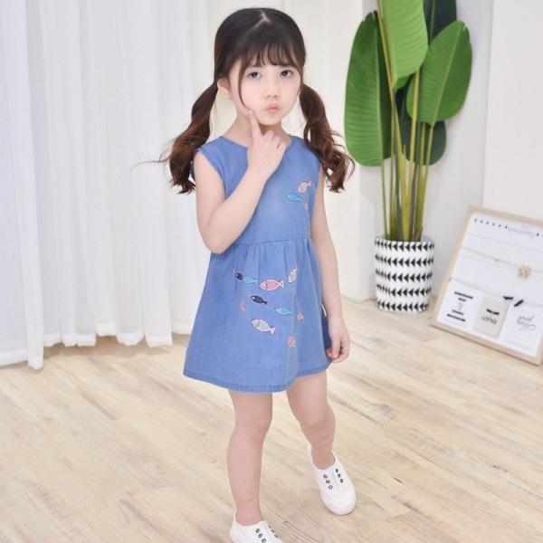 送料無料 デニムワンピース ノースリーブ ラウンドネック ミニ丈 ショート丈 夏 背中リボン 子供用 フレアスカート ミニワンピース 激安通販ショッピング 背中ファスナー