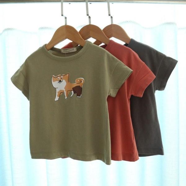Tシャツ 半袖 ラウンドネック 子供用 トップス カットソー プリント 夏 柴犬 イヌ いぬ わんちゃん