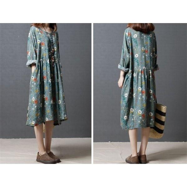 送料無料 ワンピース レディース 綿 ドレス 花柄 フレア レトロワンピース ゆったり 発表会 結婚式 体型カバー 着 長袖 シルエット パーティー バースデー 記念日 ギフト 贈物 お勧め 通販
