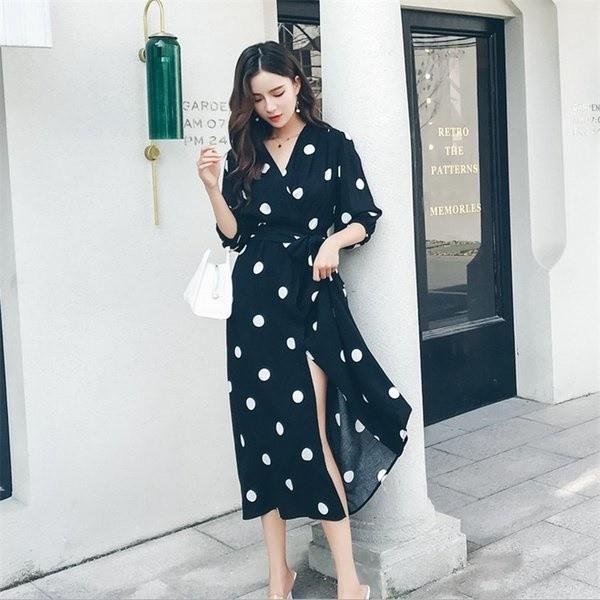 送料無料 ワンピース レディース 夏 新作 ドット柄 上品 30代 代 オシャレ マキシ丈 きれいめ カジュアル