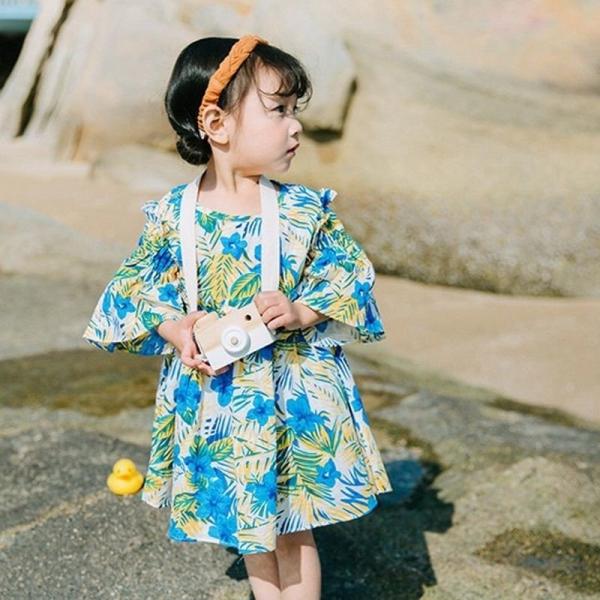 送料無料 ワンピース 子供服 キッズ服 女の子 膝丈 8分袖 フレアスリーブ フラワー ラウンドネック エスニック ふんわり フレア袖 花柄 おすすめ フレア