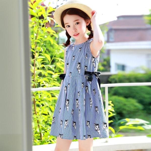送料無料 ワンピース ノースリーブ Seal限定商品 ラウンドネック ストライプ ねこ柄 サイドリボン フレアスカート キッズ かわいい 子供 夏 ふんわり おしゃれ