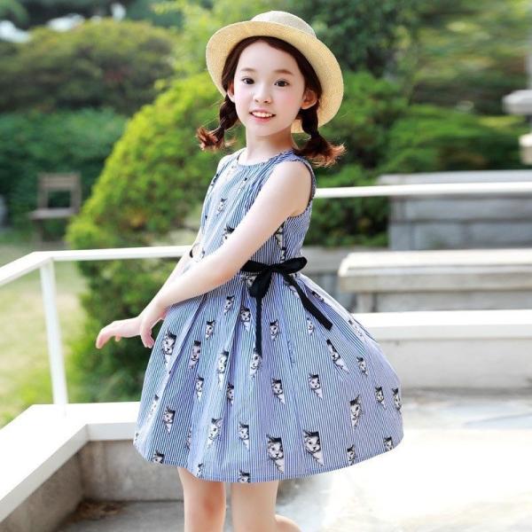 送料無料 ワンピース ノースリーブ Seal限定商品 ラウンドネック ストライプ ねこ柄 サイドリボン フレアスカート キッズ かわいい 子供 夏 ふんわり おしゃれ
