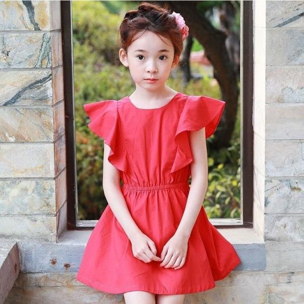 送料無料 フレアワンピース ミニワンピース 定番から日本未入荷 夏 子供服 女の子 女児 背中開き フレアスリーブ ウエストブラウジング キッズ 無地 オープン 小学生