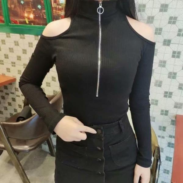 送料無料 カットソー レディース トップス 長袖 ハイネック ファスナー ジッパー ブラック 肩出し 正規店 セクシー プルオーバー 黒 おしゃれ