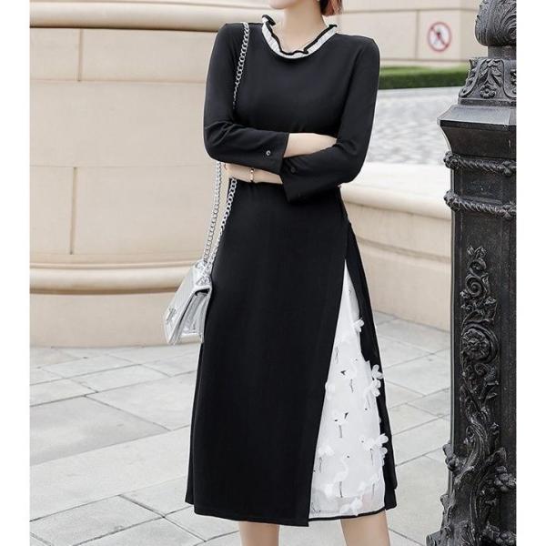 送料無料 ワンピース ミディアムワンピース フレアワンピース レディース トップス 長袖 レース 通販 激安 サイド紐 ツル 鶴 白 刺繍 黒 袖付け外し可 ブ