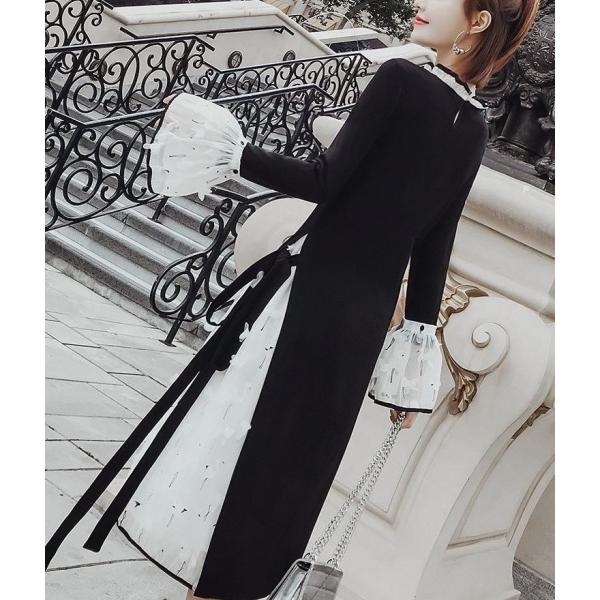 送料無料 ワンピース ミディアムワンピース フレアワンピース レディース トップス 長袖 レース 通販 激安 サイド紐 ツル 鶴 白 刺繍 黒 袖付け外し可 ブ