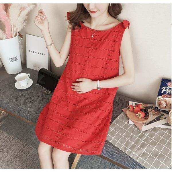 送料無料 マタニティワンピース 妊婦用ミニワンピース 妊婦服 即納 ノースリーブ 丸首 ラウンドネック 蝶 刺繍 赤 結び Aライ レッド 膝丈 肩リボン