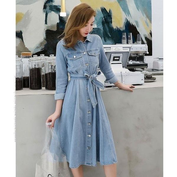 送料無料 デニムワンピース ロングワンピ ミモレ丈 ライトブルー かわいい ベルト付き スプリングコート 羽 新品 送料無料 長袖 春服 デニムコート ロングコート