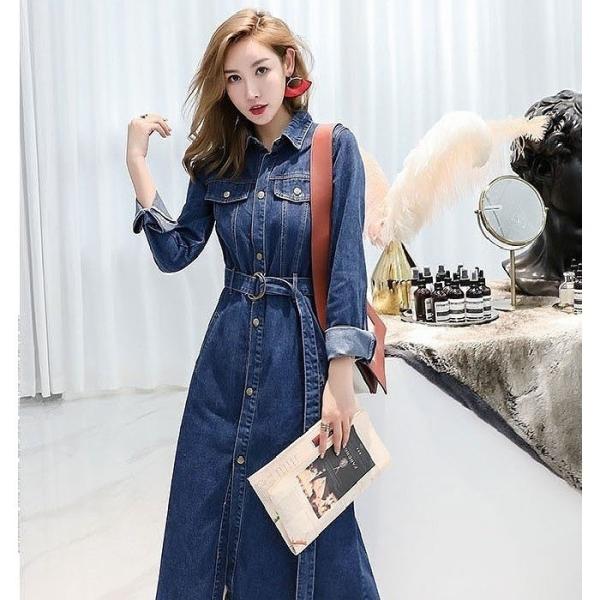 送料無料 デニムワンピース ロングワンピ ミモレ丈 ブルー ベルト付き 長袖 デニムコート ロングコート スプリングコート かわいい 春服 羽織り