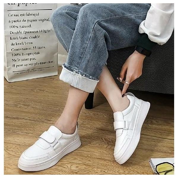 送料無料 スニーカー 正規品新品未使用品 レディース 靴 厚底 フラット ラウンドトゥ かわいい 無地 カジュア マジックテープ ベルクロシューズ ホワイト 歩きやすい