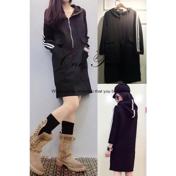 ライン入り 裏起毛 パーカーワンピース 長袖 ジップパーカーワンピ ミニワンピ ミニ丈 フード付 ワンピース