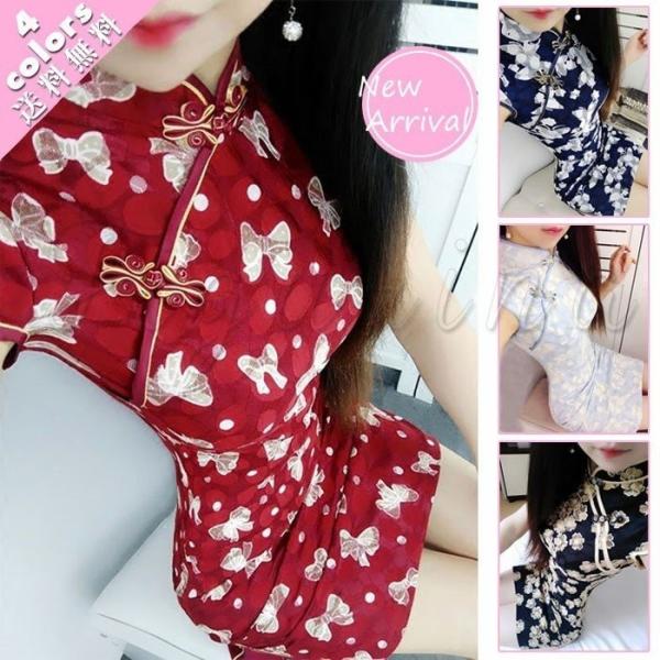 送料無料18春夏新作レディースチャイナドレス細身ワンピースレース花柄セクシー半袖エレガントミニ丈おしゃれきれいめ二次会結婚式