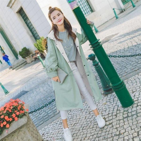 商品 送料無料18春新作トレンチコートスプリングコートゆったりレディースフード付き両面着カジュアル体型カバーファッションアウターおしゃれ