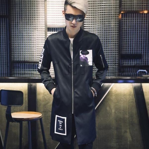 送料無料18秋新作スタジャンロングコートプリントメンズジャケット細身カジュアルファッション大きいサイズ