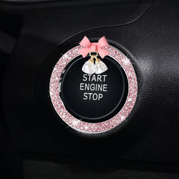 【並行輸入品】ピンクカースタートボタンカバーステッカー、ピンクボウクリスタルベルスタートデカール、キーイグニッションノブブリングリング、自動車用