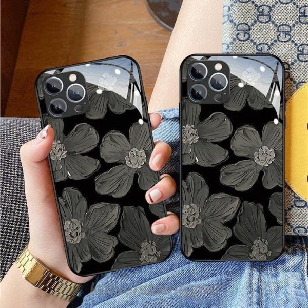 iPhone15ケース iPhone14ケース フラワー 墨絵 花柄 iphone アイフォンケース ブラック iphoneカバー スマホケース 韓国
