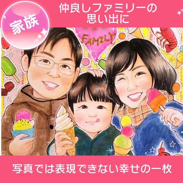 家族の似顔絵 ファミリーの特別な記念日の思い出やプレゼントとして幸せいっぱいの笑顔を似顔絵に保存します。あきよ