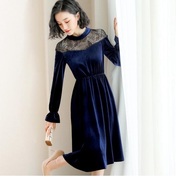 ベロアワンピース レディース レース 長袖 秋 冬 秋服 膝丈 ひざ丈 膝下 袖あり ミディアムドレス 大人 上品 フォーマル 大きいサイズ 紺 ネイビー Buyee Buyee Jasa Perwakilan Pembelian Barang Online Di Jepang