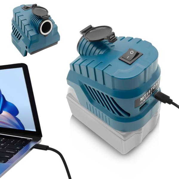 マキタ18Vバッテリーを3way電源に変換できる降圧コンバーター。12Vシガーソケット(最大130W)、USB-A(QC3.0 27W)、Type-C(PD3.0 27W)の3つの出力ポートを搭載し、車載冷蔵庫、空気清浄機、スマホ、タブレッ...