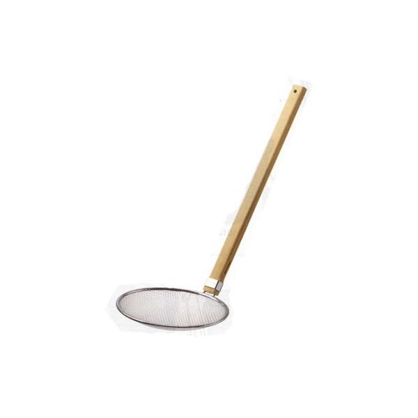 材質：18-8ステンレス・天然木　サイズ/径：φ240mm　深さ：H35mm　柄長：500mm　6.5メッシュ（開き目：3.3mm）