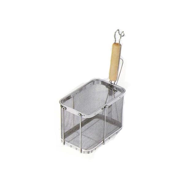 材質：18-8ステンレス・天然木　サイズ/巾：130mm　奥行：200mm　深さ：H150mm　柄長：180mm　底面16メッシュ・側面14メッシュ(開き目：1.1mm）