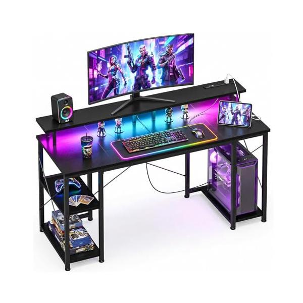 AODK ゲーミングデスク パソコンデスク コンセント&LED付き 机 pcデスク 幅120cm 両側ラック&モニター台付き 勉強机 ゲームデスク computer desk ワーク