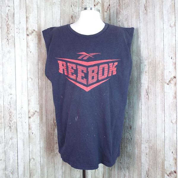 Lサイズ【色抜け＋ダメージTシャツ】U.S.A製 REEBOK リーボック 刺繍（まわし）タグ　ビッグロゴ ノースリーブ　ランニングシャツ｜ネイビー USED古着