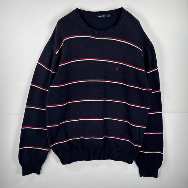 USA古着 ノーティカ NAUTICA 長袖 ニット セーター ワンポイント 刺繍 大きいサイズ コットン クルーネック XXL ネイビー ボーダー メンズ