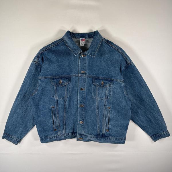 古着 90s/90年代 USA製 デニムジャケット ケロッグデザインロゴ バックロゴ 企業ロゴ 大きいサイズ XXL  ブルー メンズ 古着 90's/90年代 USA製 デニムジャケット ケロッグデザインロゴ